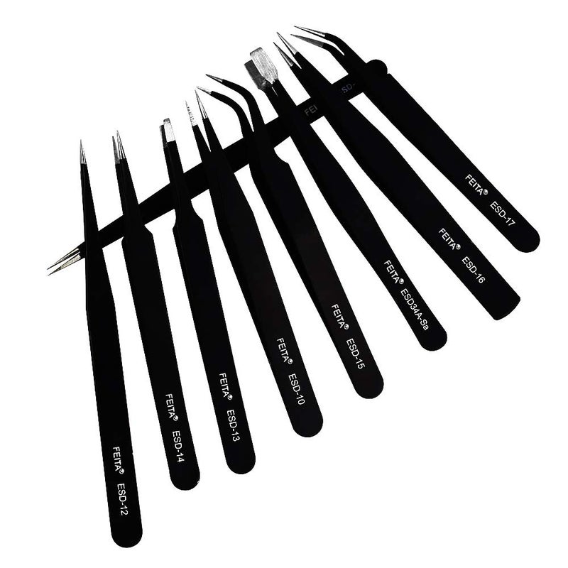 FEITA Precision Tweezer Set - FEITA Professional ESD Stainless Steel Anti static Tweezers Kit for Electronic, craft, Jewelry, Watchmakers, Hobby (Black 9 Pcs) - Image 5
